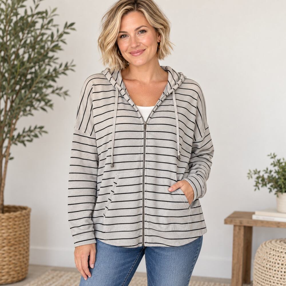 Maurice’s white black striped hooded sweater cardigan full zip 3X